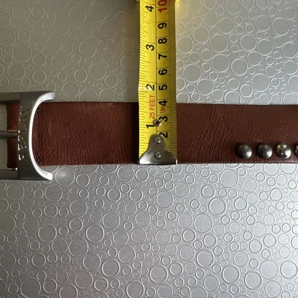 Replay Italian Leather Studded Belt Engraved Buckle Y2K Rocker - Size 100 US 38